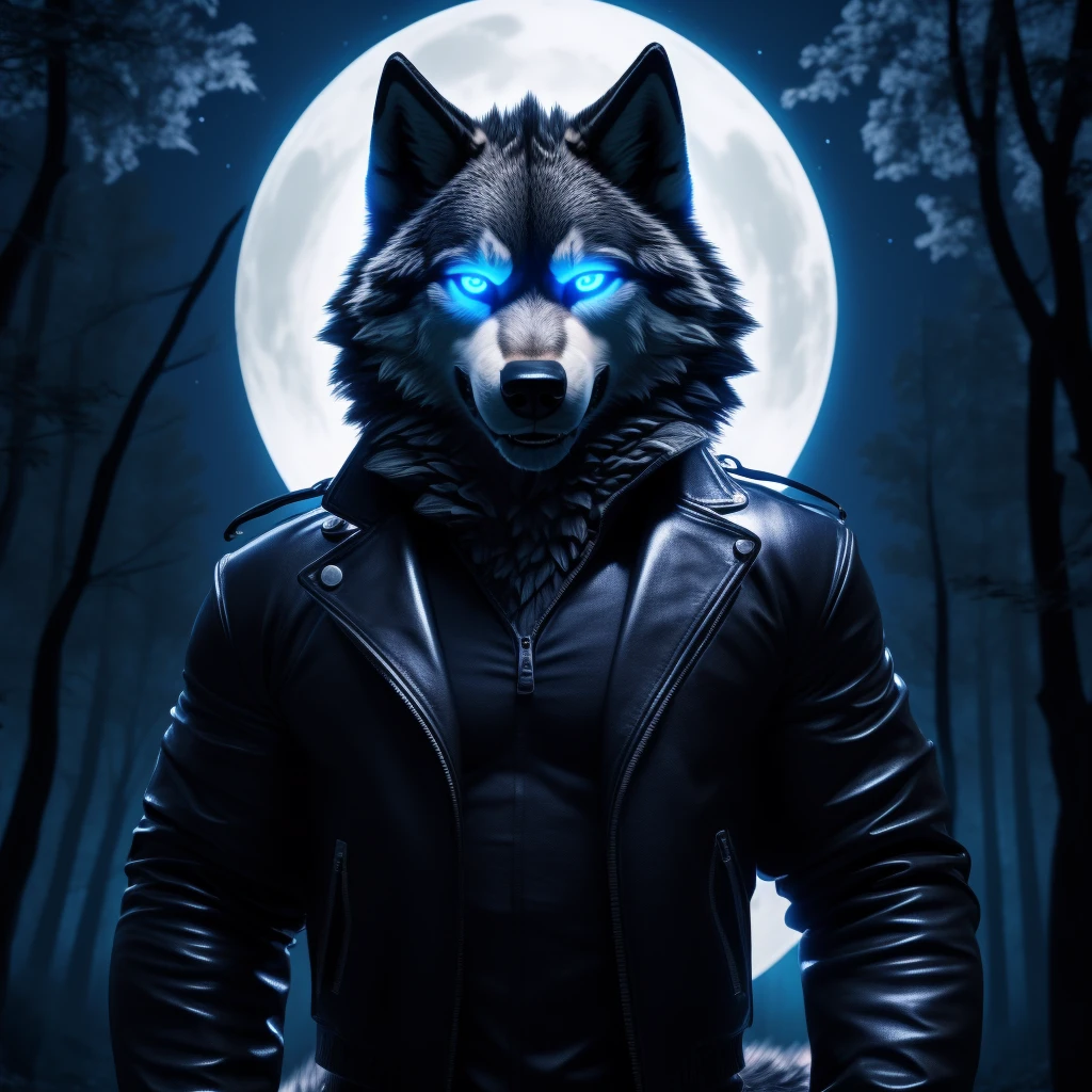 Posing, Male, 30 years old, biting lip smile, black leather jacket, bedroom eyes, anthro, wolf ears, (blakck fur:1.5), wolf, forest background at night, 8k, hi res, (best quality, masterpiece), blue glowing eyes, (wolf tail:1.5), detailed fur