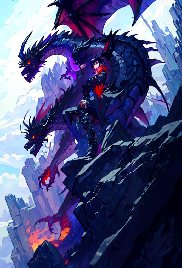 1 man, alone, long black hair, ((half human and half dragon)), 30 years old, black scales on his arm, horns coming out of his neck, frightening look, breath of fire character; Hybrid character of Human and dragon, full body; ((best angle)); ((better details)); human form