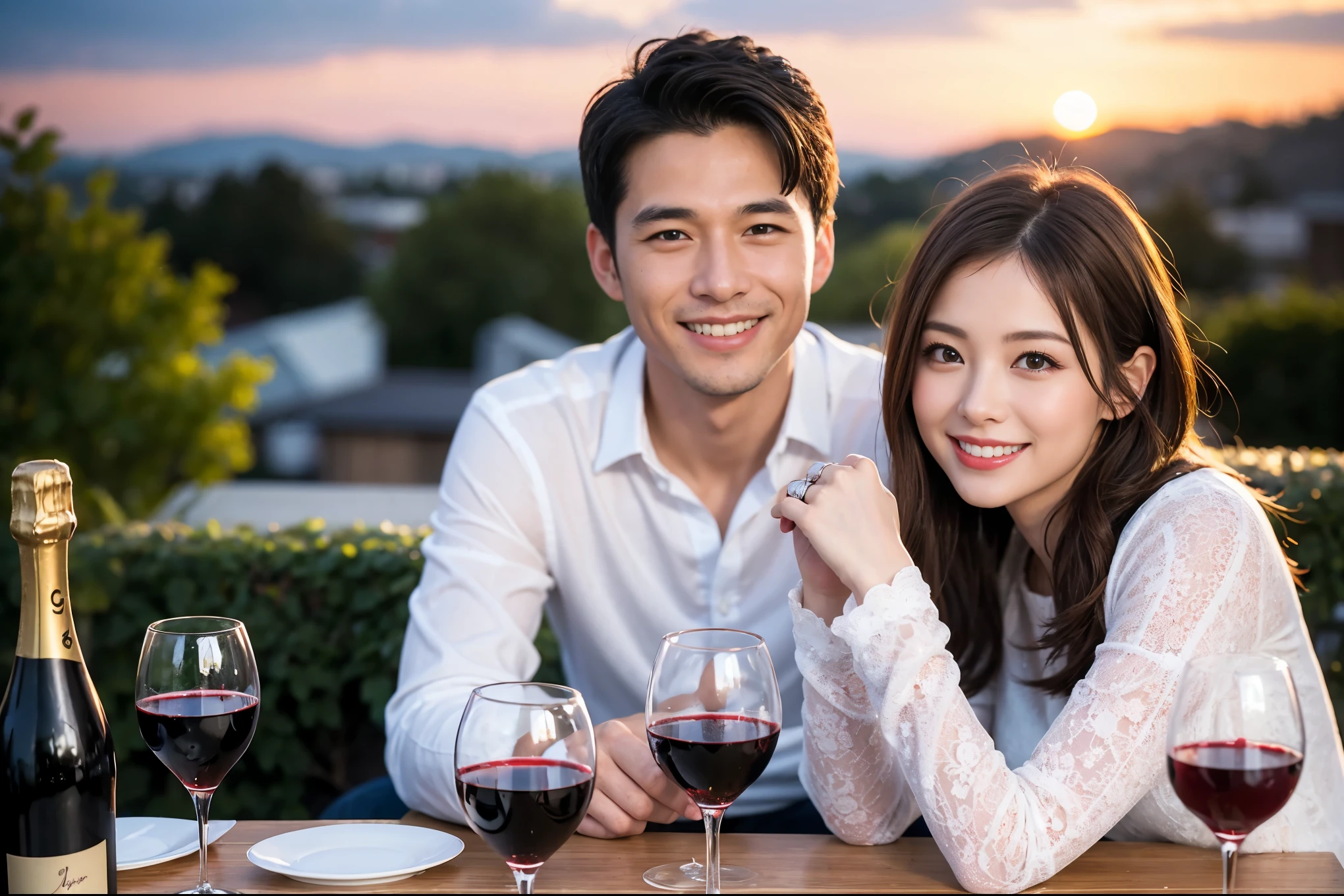 ((highest quality、8k、masterpiece:1.3))、 (Realistic, Real、Bright image、Intricate details:1.2), Best smile 1 man 1 woman、Beautiful couple、lover、couple、spouse、Beautiful couple、Happy smile、full-course dinner、 (Slim face), (Slim Body), (Brown Hair), (Short Hair), テーブルの上のwine glass、Please put light on my face、 Amazing view of the sunset sky and clouds、 (Age 36), 39 years old, red wine 、Appetizers、Wine bottle、sparkling wine、Long sleeve shirt、dress、White wine, red wine, wine glass,