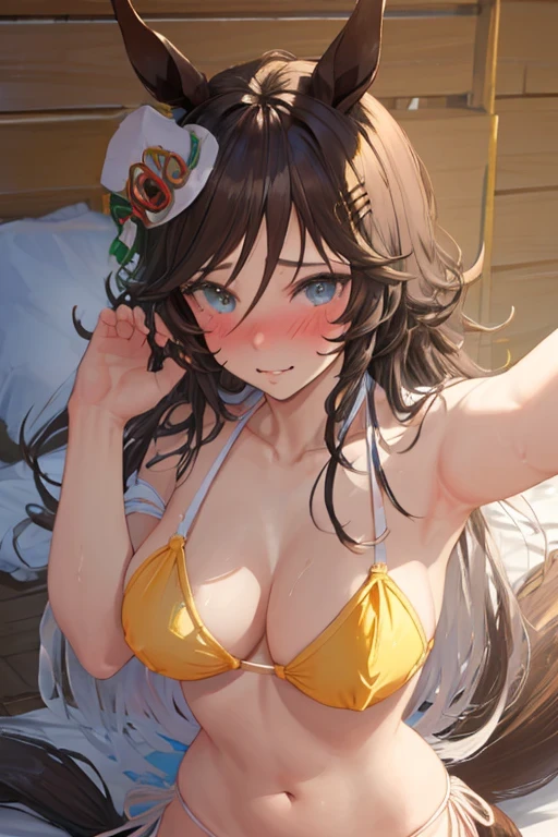 nsfw, horse ears, horse tail, blushing cheeks, pubic hair, golden bikini