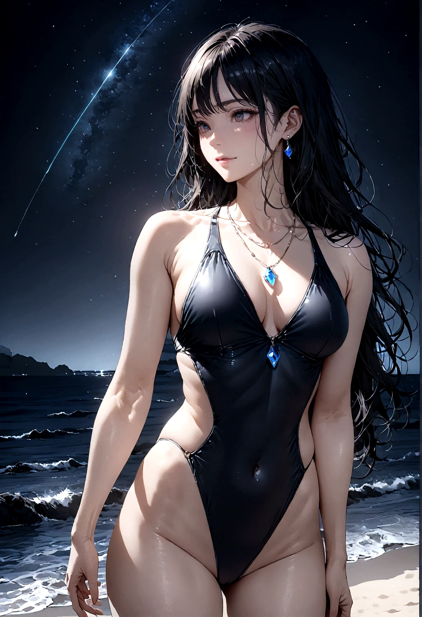 8k, masterpiece, RAW Photos, highest quality, Realistic, Very detailed, Depth of written boundary, Cinematic Light, Anatomically correct body,
One beautiful 40 year old woman, Very beautiful face, Exquisitely detailed face, (A calm and gentle face:1.4), Very delicate skin texture, Transparent muscle, Shiny white skin, Glamorous Body,
(Wavy black long hair:1.2), Sexy Breasts, Sexy ass,
(Hentai Swimsuit:1.4), (Detailed cloth texture:1.2), (Gorgeous jewel-studded body chain accessories:1.3), (Gorgeous necklace:1.1), (Gorgeous earrings:1.1),
(Dark starry background:1.4), (Milky Way:1.1), (milky way:1.1), (shooting star:1.1), (Dark coastline at night:1.4), (Pitch black sea surface:1.4),
(Standing on the beach:1.2),
(Low angle shot:1.5),