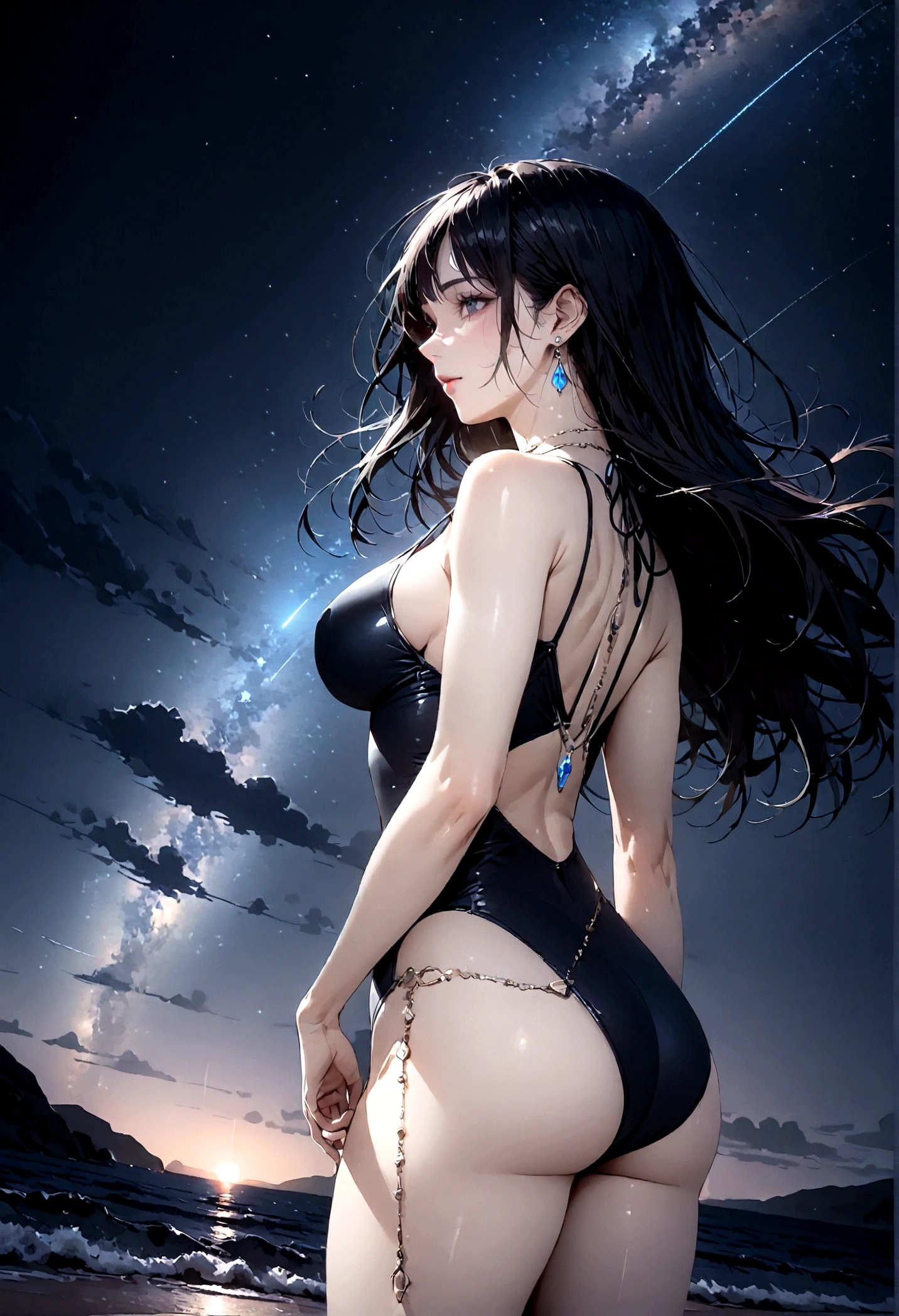 8k, masterpiece, RAW Photos, highest quality, Realistic, Very detailed, Depth of written boundary, Cinematic Light, Anatomically correct body,
One beautiful 40 year old woman, Very beautiful face, Exquisitely detailed face, (A calm and gentle face:1.4), Very delicate skin texture, Transparent muscle, Shiny white skin, Glamorous Body,
(Wavy black long hair:1.2), Sexy Breasts, Sexy ass,
(Hentai Swimsuit:1.4), (Detailed cloth texture:1.2), (Gorgeous jewel-studded body chain accessories:1.3), (Gorgeous necklace:1.1), (Gorgeous earrings:1.1),
(Dark starry background:1.4), (Milky Way:1.1), (milky way:1.1), (shooting star:1.1), (Dark coastline at night:1.4), (Pitch black sea surface:1.4),
(Standing on the beach:1.2),
(Low angle shot:1.5),