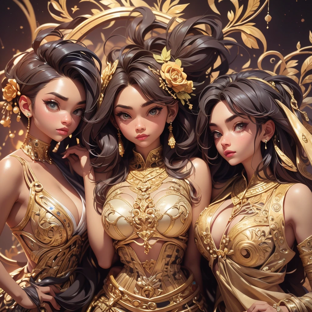 (Best Quality, 2k, Masterpiece, QHD: 1.3, A Handsome short haired african barbarian   man is surrounded by three women up against him touching him and gaze at him, at a mansion, wearing Tracksuits that show off body, perfect bodies, women: long flowing hair, seductive, materials, golden hour, , jewelry, golden hour, photorealistic, masterpiece, in love, small grin, perfect faces, Flirtatious-groping 