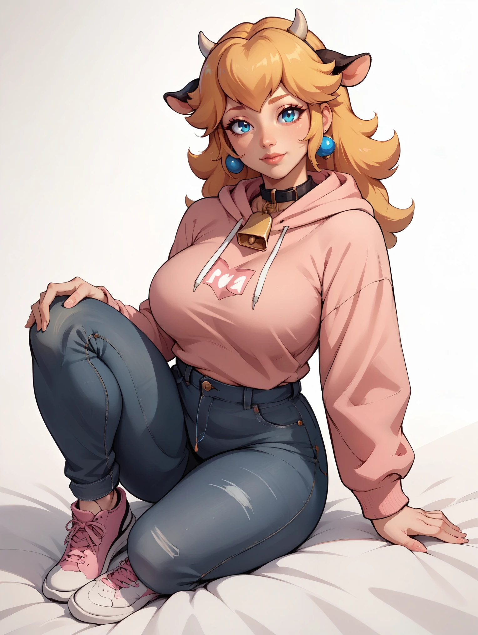 score_9, score_8_up, score_7_up, score_6_up BREAK solo,full body,white background,princess peach,high-waist jeans,sneakers,hoodie,neck bell,mature female,plump,cow girl,looking at viewer