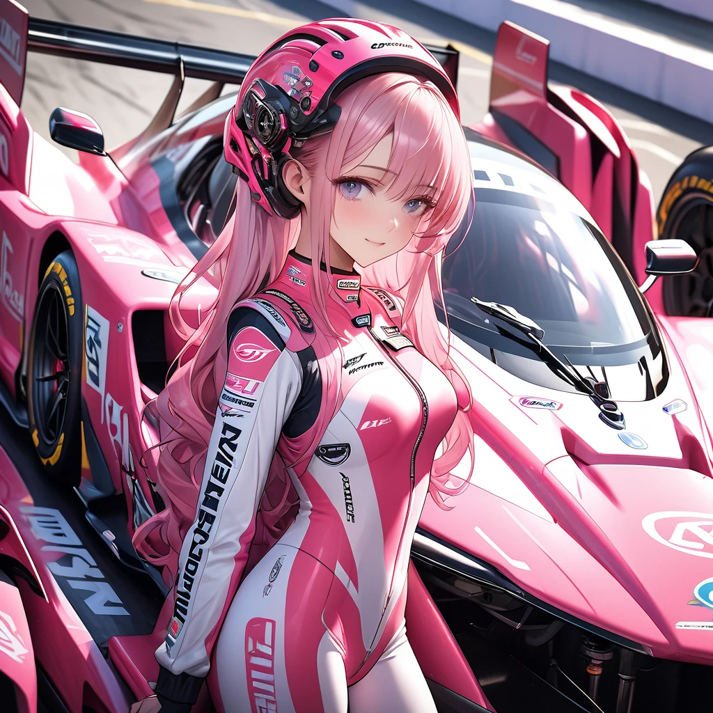 High resolution digital CG image, a beautiful futuristic girl is posing in front of a futuristic racing car,The girl has long hair with a mixture of white and pink hair.She is wearing a pink racing suit with mecha-style decorations, and there are many sponsor logos on the suit.The pink color racing car is a four-wheeled formula car type with a canopy in the cockpit.It has a futuristic cyber-like body shape and numerous sponsor logos on the body.Futuristic circuit starting grid background, holding a pink helmet under her arm and striking a cool pose next to her car.There are many pit crews around the car adjusting the tires and car body.A beautiful lace queen snuggles up to the girl、Cybertic expression of the future, the texture of beautiful hair, the luster of skin, the beauty of eyes, the luster and texture of a racing suit, the beauty of the racing car body and mechanical expression,(master piece4k, 8k,best quality1.2)ultra detail