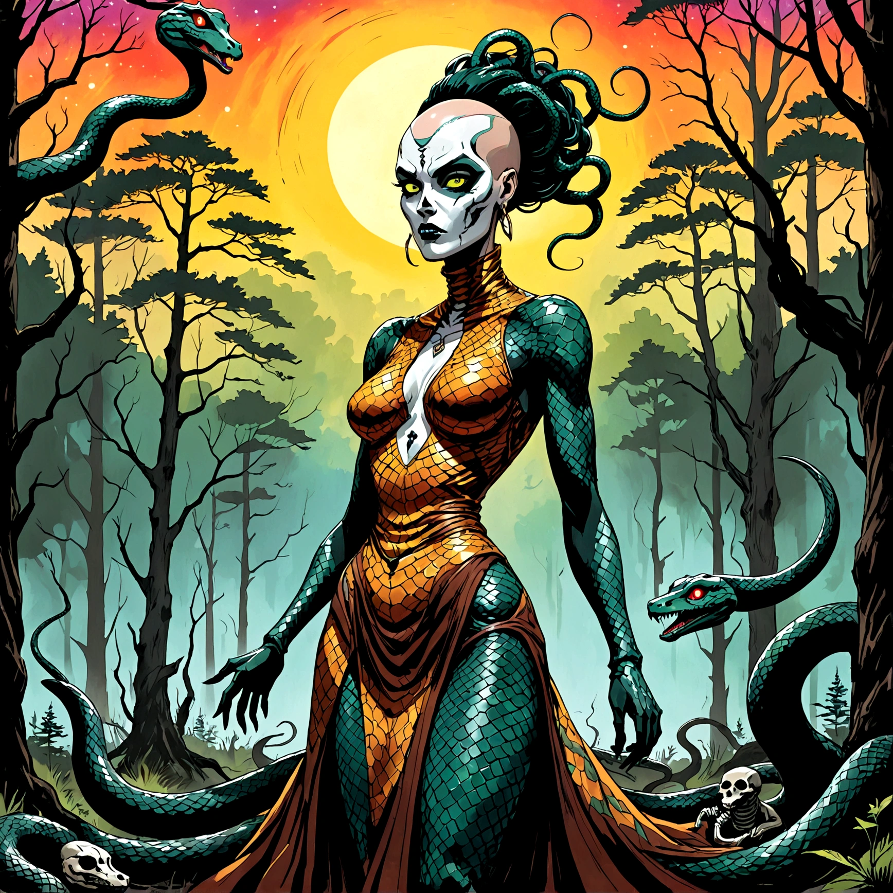 An expressive unfinished sketch featuring a hairless figure in a maxi dress. The figure has snakes on their head with accurate snake bodies, snake scales, and a snake tail rattle. The drawing includes ornate corpsepaint blackmetal facepaint, resembling Grace Jones. The style blends the art aesthetics of Sean Gordon Murphy and Joelle Jones with a rough sketch charcoal art style. The sketch shows rough-draft pencil lines underneath with bold lines over a rough-sketch inking, using an ink and charcoal blend. The scene is set in the pine barrens with sparse trees, emphasizing a candid, sorrowful expression. The sketch uses angular and expressive lines in an incomplete, unfinished style, evoking a sense of decay. Colors include red, yellow, and blue (RYB coloring). --no polished --no clean --no detailed --no smooth --no refined