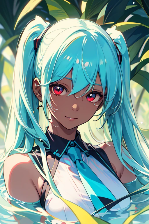 a masterpiece portrait of hatsune miku, wearing a white shirt with a blue tie, bare shoulders, separated sleeves, with an evil smiley face, dark skin, red eyes, black eyes, and orange pupils, (best quality,4k,8k,highres,masterpiece:1.2),ultra-detailed,(realistic,photorealistic,photo-realistic:1.37),intricate details,highly realistic portrait,sharp focus,physically-based rendering,extreme detail description,professional,vivid colors,bokeh