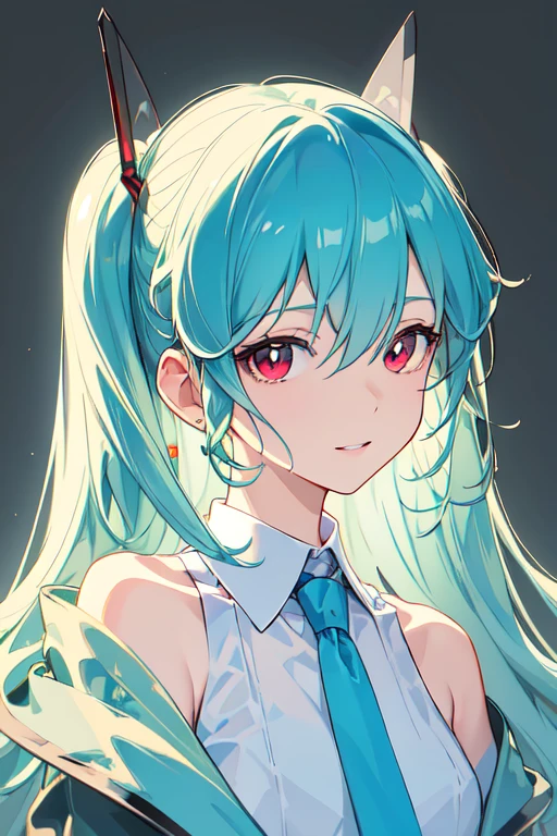 a masterpiece portrait of hatsune miku, wearing a white shirt with a blue tie, bare shoulders, separated sleeves, with an evil smiley face, dark skin, red eyes, black eyes, and orange pupils, (best quality,4k,8k,highres,masterpiece:1.2),ultra-detailed,(realistic,photorealistic,photo-realistic:1.37),intricate details,highly realistic portrait,sharp focus,physically-based rendering,extreme detail description,professional,vivid colors,bokeh