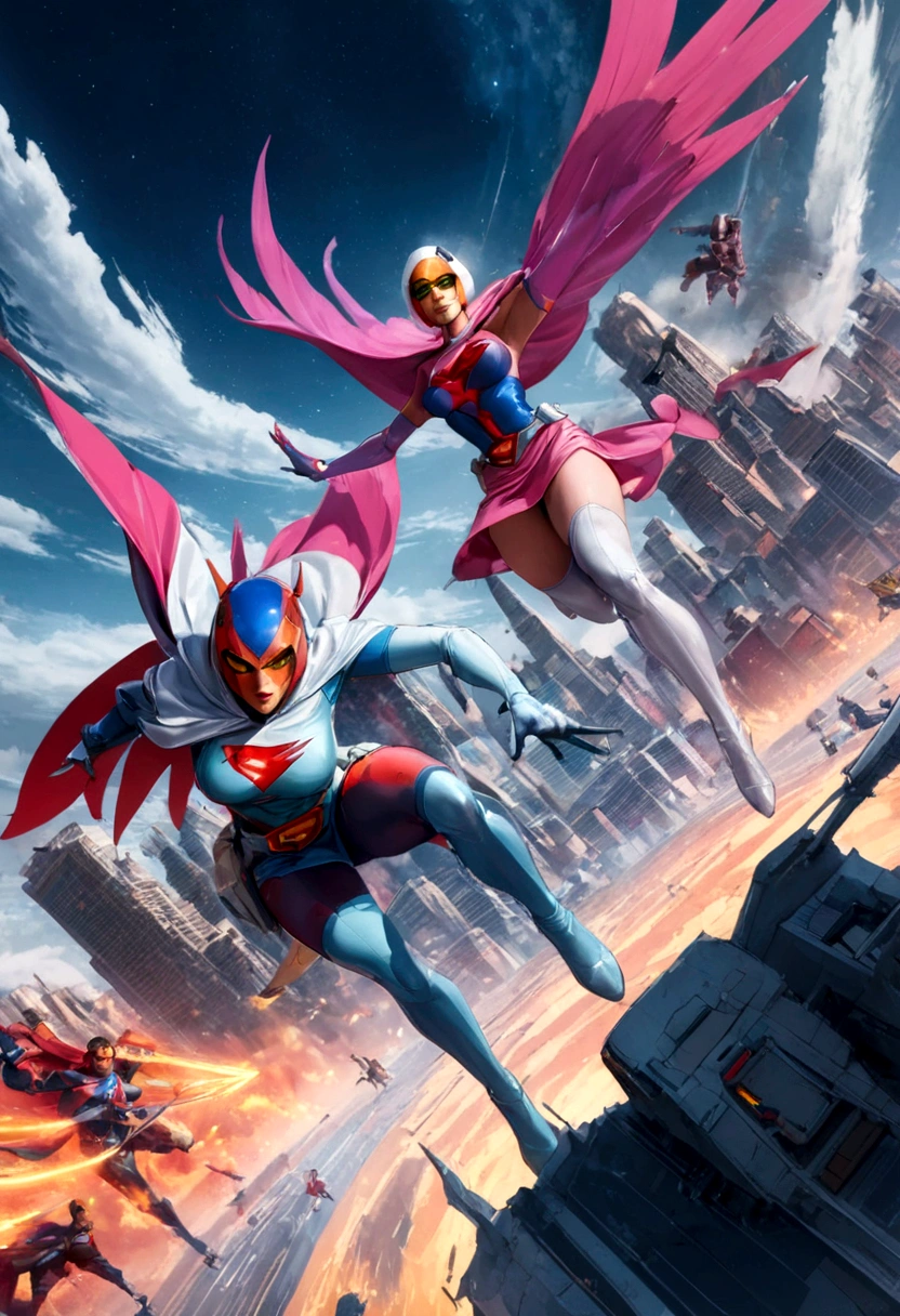 Gatchaman, (Masked superheroes), Iconic heroes, The Guardians of Earth, Science Ninja Team, (Stunning superheroes), (Vibrant colors), Space-themed costumes, Sleek gauntlets and helmets, Silver and blue agile figures, (Incredible detail), (Capital city backdrop), Defending humanity with courage, Spectacular pose, Iconic "KEN", "Joe", "Jun", "Kenichi", and "Jinpei", Patrolling the skies, Ready to battle the evil Galactor, Stunning visual treat, (Colorful animation),, Formations of spark, breasts, giga_busty, Hi3JTS