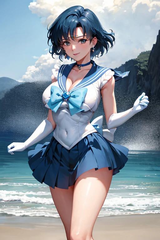 masterpiece, high definition, best quality, rendered art, well formed hands, fingers and body, 1 woman, solo, sailor mercury, adult, grown up, big breasted, cleavage, full body, , sexy sailor senshi uniform, short blue skirt, blue boots, gorgeous hips, legs and thighs, blond, white elbow gloves, sailor collar, tiara, dancing seductively and erotically, shaking her body, showing her back and front, wind lifting skirt, smiling joyfully and brightly, looking at the viewer, flirting, beach environment 