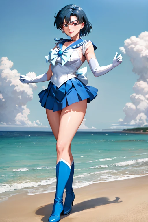 masterpiece, high definition, best quality, rendered art, well formed hands, fingers and body, 1 woman, solo, sailor mercury, adult, grown up, big breasted, cleavage, full body, , sexy sailor senshi uniform, short blue skirt, blue boots, gorgeous hips, legs and thighs, blond, white elbow gloves, sailor collar, tiara, dancing seductively and erotically, shaking her body, showing her back and front, wind lifting skirt, smiling joyfully and brightly, looking at the viewer, flirting, beach environment 