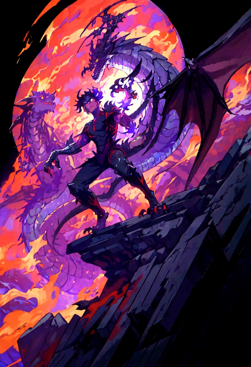1 man, alone, long black hair, ((half human and half dragon)), 30 years old, black scales on his arm, horns coming out of his neck, frightening look, breath of fire character; Hybrid character of Human and dragon, full body; ((best angle)); ((better details)); human form