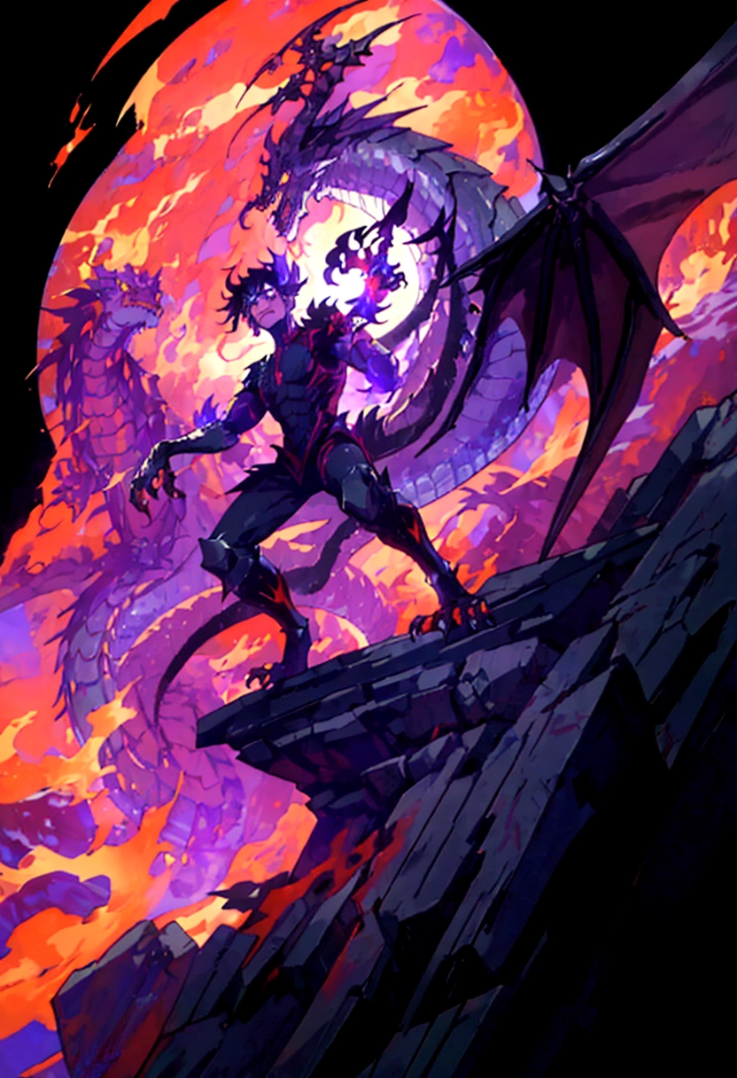 1 man, alone, long black hair, ((half human and half dragon)), 30 years old, black scales on his arm, horns coming out of his neck, frightening look, breath of fire character; Hybrid character of Human and dragon, full body; ((best angle)); ((better details)); human form