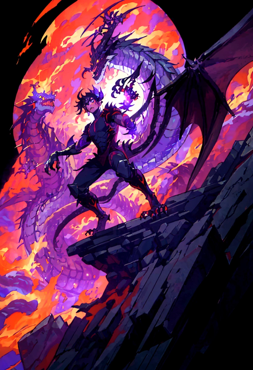 1 man, alone, long black hair, ((half human and half dragon)), 30 years old, black scales on his arm, horns coming out of his neck, frightening look, breath of fire character; Hybrid character of Human and dragon, full body; ((best angle)); ((better details)); human form