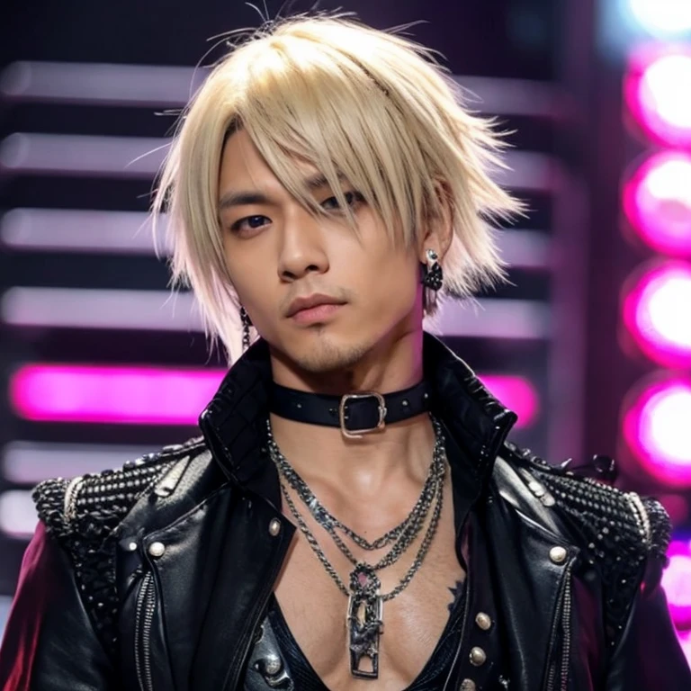 1 japanese male rocker, asien eyes, Visual Kai hairstyle, ultra detailed face and body, hyperrealistic, realistic representation, muscular, broad shoulders, tattoos gothic style, piercings, Visual Kei style, hairstyle Visual Kei, blond, 30 years old, age 30, outfit gothic streampunk, men's shirt and black pants, Asian eyes, eyes Asian, long hair, long hair