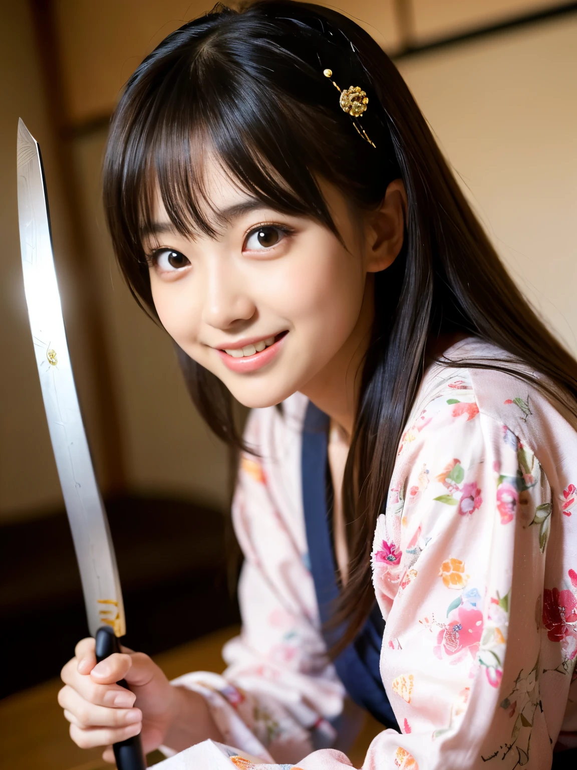(Best-quality, Masterpiece, Ultra-High-Resolution, (Photorealistic:1.4), Raw Photo, depth of field, professional lighting, perfect anatomy, extremely details), in living room, 1girl, the most famous Japanese idol and the most famous assassin, (((ready to cut viewer with Japanese-KATANA at just the right moment, grinning))), wearing Japanese-KIMONO with gorgeous-design, ((extremely cute realistic-face like the most popular Japanese idol, ((extremely cute and extremely big realistic-eyes)), extremely beautiful and extremely realistic hair)), (((extremely beautiful and extremely realistic skins))), extremely cute and extremely realistic long-eyelashes, extremely cute and extremely realistic lips