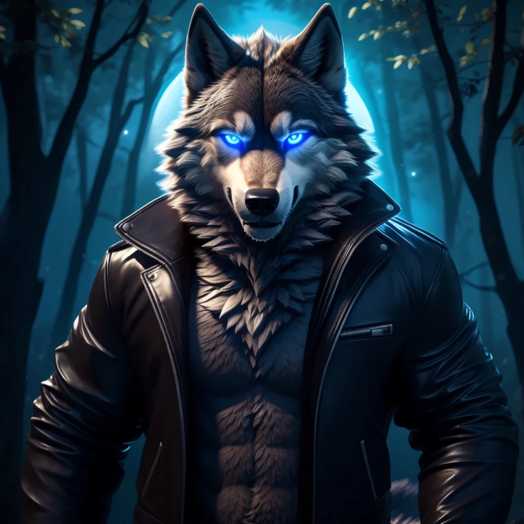Posing, Male, 30 years old, biting lip smile, black leather jacket, bedroom eyes, anthro, wolf ears, (blakck fur:1.5), wolf, forest background at night, 8k, hi res, (best quality, masterpiece), red glowing eyes, (wolf tail:1.5), detailed fur