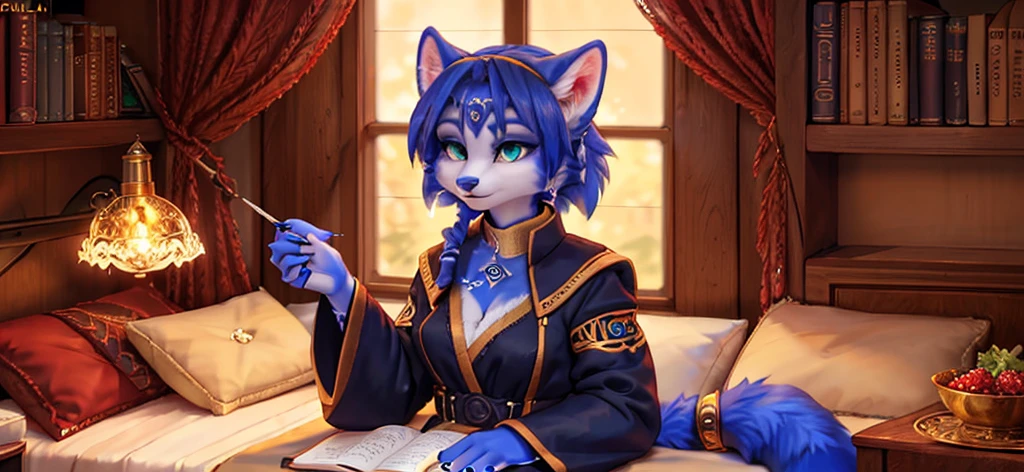 A beautiful and detailed (sweet portrait) von ((Krystal)), Sternenfuchs Krystal, Schlank, liebenswert, green eyes, medium breasts, (((Lange blaue Haare 1.3))), ((schwarze haarspitzen)), Dekollete, Grinsen, hoch schauen,, anthro, Pelzig, Hochgeladen E621, detailed flauschige fur, (von Fluff-Kevlar, Bayard Wu, Personalami, Pino Daeni), detailliertes Gesicht, (flauschige), 1 girl, Allein, Stammes-Kleidung, sweet girl, solo, wears a mages robe