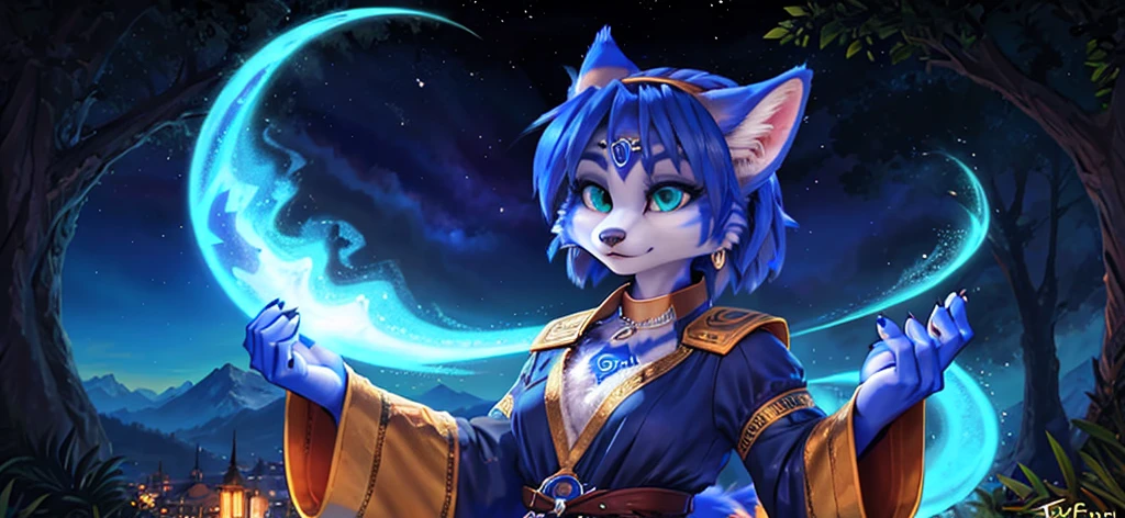 A beautiful and detailed (sweet portrait) von ((Krystal)), Sternenfuchs Krystal, Schlank, liebenswert, green eyes, medium breasts, (((Lange blaue Haare 1.3))), ((schwarze haarspitzen)), Dekollete, Grinsen, hoch schauen,, anthro, Pelzig, Hochgeladen E621, detailed flauschige fur, (von Fluff-Kevlar, Bayard Wu, Personalami, Pino Daeni), detailliertes Gesicht, (flauschige), 1 girl, Allein, Stammes-Kleidung, sweet girl, solo, wears a mages robe