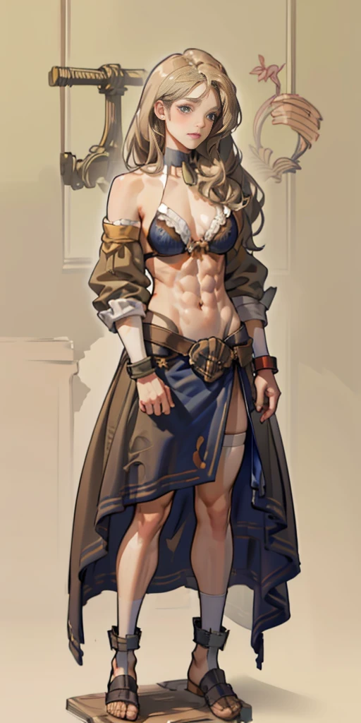 full body toe to head, masterpiece, 1soloMILF BIMBO standing bra and loincloth, leather collar choker neck bell shackles wristbands bracers bracelets sleeves and stockings, strong body, abs (plain background) slave with stocks