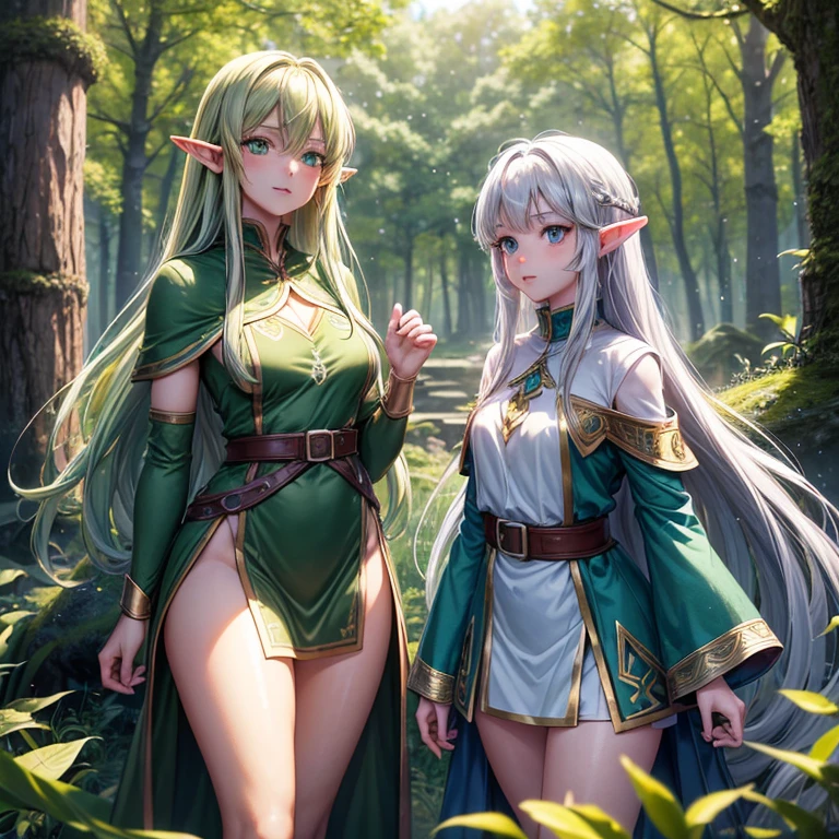 (8k, super details, award winning, high res), anime illustration, ((two elf girls)). One with long silver hair, green eyes. The other with short golden hair, blue eyes, in a green tunic. Set in a magical forest with glowing flowers and ancient trees.