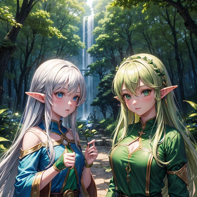 (8k, super details, award winning, high res), anime illustration, ((two elf girls)). One with long silver hair, green eyes. The other with short golden hair, blue eyes, in a green tunic. Set in a magical forest with glowing flowers and ancient trees.