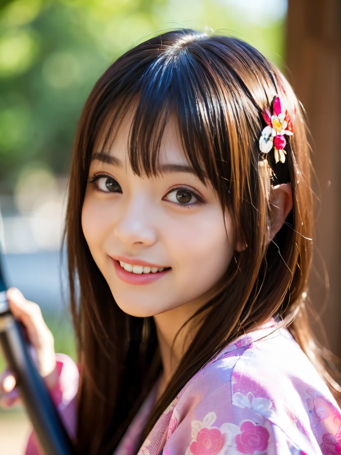 (Best-quality, Masterpiece, Ultra-High-Resolution, (Photorealistic:1.4), Raw Photo, depth of field, professional lighting, perfect anatomy, extremely details), in living room, 1girl, the most famous Japanese idol and the most famous assassin, (((ready to cut viewer with Japanese-KATANA at just the right moment, grinning))), wearing Japanese-KIMONO with gorgeous-design, ((extremely cute realistic-face like the most popular Japanese idol, ((extremely cute and extremely big realistic-eyes)), extremely beautiful and extremely realistic hair)), (((extremely beautiful and extremely realistic skins))), extremely cute and extremely realistic long-eyelashes, extremely cute and extremely realistic lips