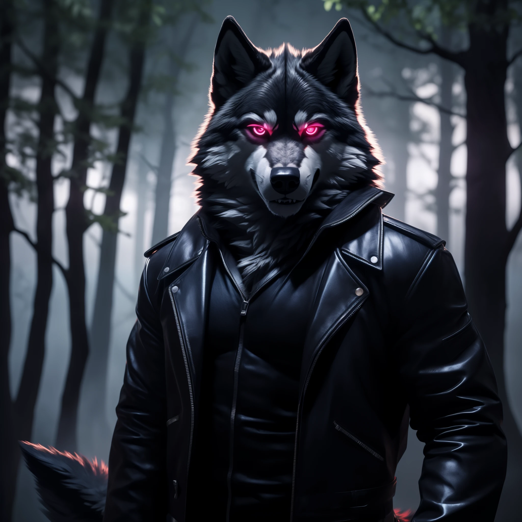 Posing, Male, 30 years old, biting lip smile, black leather jacket, bedroom eyes, anthro, wolf ears, (black fur:1.5), wolf, forest background at night, 8k, hi res, (best quality, masterpiece), red glowing eyes, (wolf tail:1.5), detailed fur