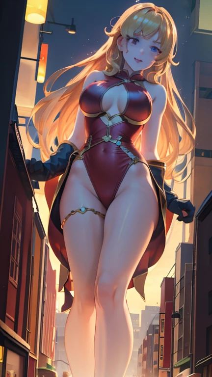 Giant Girl 50,000 feet high,Have a pair of long legs,Have a pair of huge breasts,Wearing a red bikini,Waist-length blonde hair,Loose hair,Wear a pair of Mary Janes,Blonde curly hair,Full of enjoyment,Stand tall in a crowded town, Vandalism,It seems to be an invincible existence,Beautiful appearance,Exquisite makeup,quality,8K,高quality,(Governor:1.5),Perfect proportion, theater lighting,Film Grain,Fuji Colors,8K,Textured Skin,Super Detail,High Detail,high quality,high resolution,thunderclap,Fake laugh,dusk,Perfect body