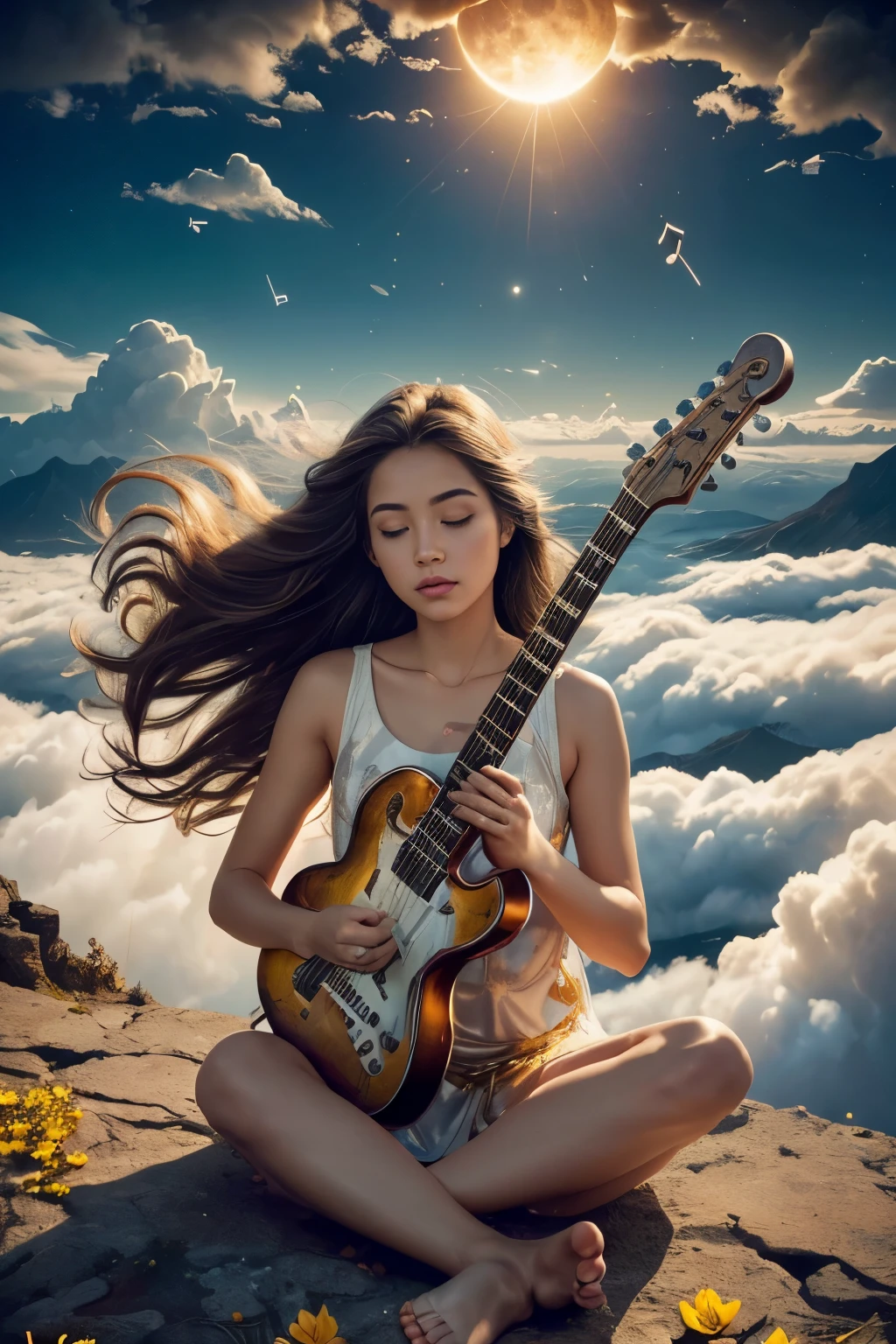 Abstract painting art, 8k poster, whole body, Golden Flower, Beautiful girl sitting on the edge of a cliff and looking at the distant horizon, Golden Eyes, garden, Golden Eyes, Long hair blown by the wind, Woman body front view, Bronze Hair Metallic, Red clouds sunset, Night Light, Lake and distant mountains々Depth of the valley seen from above, Abstract Oil Painting, A girl who is concentrating well on the scene, (((Girl playing guitar))), Exposure, Exposure art, Surreal art, Fantasy, Abstract painting of a woman in a mountain landscape, 8k poster, whole body, Gold and silver flowers, Evening Light, (((Girl playing guitar))), (((Huge full moon next to the sun, ))), (((Musical symbols in the clouds))), ((((Long hair flying in the air, Abstract hair shaped into musical symbols, Sheet music thrown into the clouds, Surreal art)))), High resolution 8K poster, Gold and silver butterfly, ((Short dress, Tank top)), ((Transparent T-shirt)), ((mini skirt)), ((Barefoot) )), ((Barefoot) )),