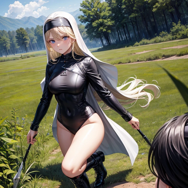 The background is a wilderness battlefield.、Nun in a black high-cut swimsuit、Blonde long hair、Black short boots、Enemy Soldiers&#39;The gun is pointed at the girl.、A girl who looks at the viewer with an innocent smile, unaware of anything、The girl is killed、The girl stands proudly with her chest held high、alone