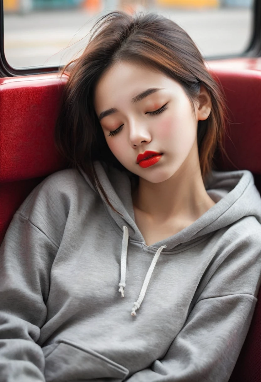 This is a high resolution photo of a cute 25 year old girl sleeping with her eyes closed, She opened her mouth, Her red lips were slightly parted, Her hair is messy、Straight and neat. Wear hoodie, Her underwear and shoes are faintly visible in the photo., There is also a scene where her buttocks are accidentally exposed.. The photo was taken in natural light, Contrast of sunlight and shadow. The background was taken on a bus, On the seat.