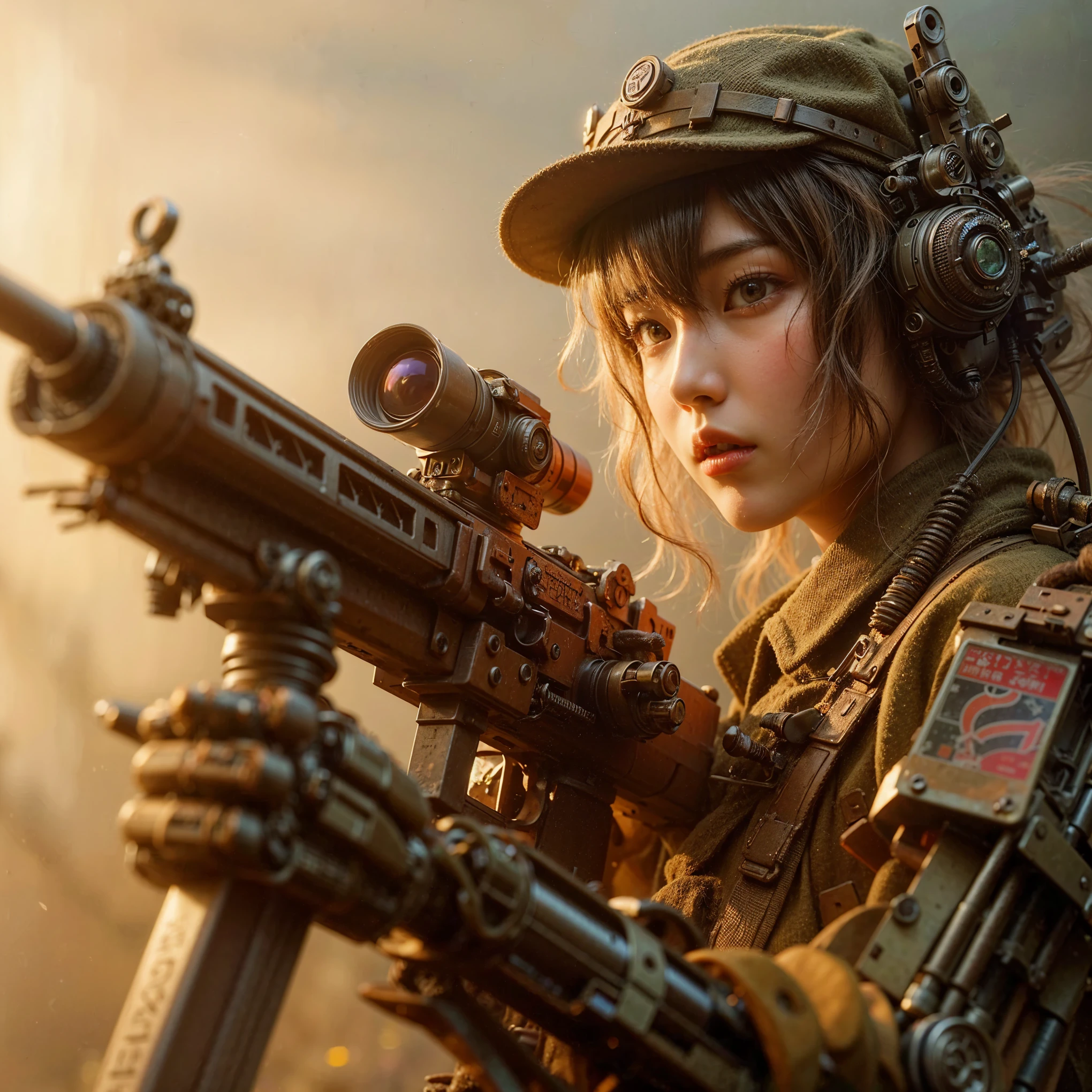 8k,Realistic Photo, Realistic Skin Texture, Superrealism, (WWII-like mechanical suit:1.2), collapsed city, heavy weapons,vivid textures,animal legs, gradation hair, japanese female soldier,(ultra beautiful face), ((super realistic all textures)), ((super intricate all details)), full body shot, ultra sharp photo result, Olive Drab color, scratch, Rust, weathering, steampunk, taken with Fuji film X-T30+Nokton. HDR10,Minimum of 4 pieces created