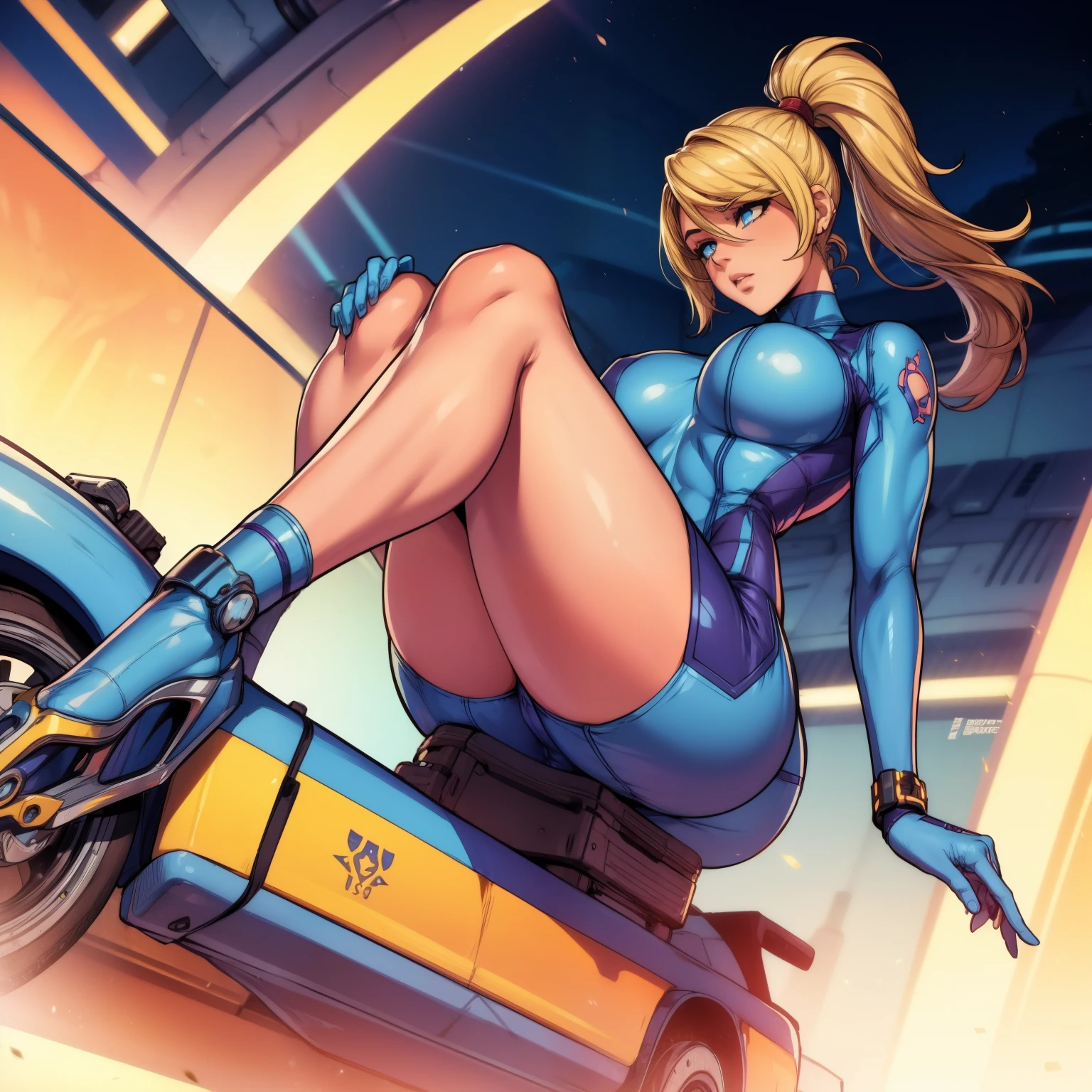 1 girl, solo, samus aran, pelo rubio, blonde hair, ojos azules, blue eyes, ponytail, hair tie, blue gloves, blue bodysuit, high heels, ponytail, blue crop top, sleeveless, midriff, wristband, blue shorts, high heels, breats, huge breasts, sexy, pussy, nsfw, +18, spaceship,