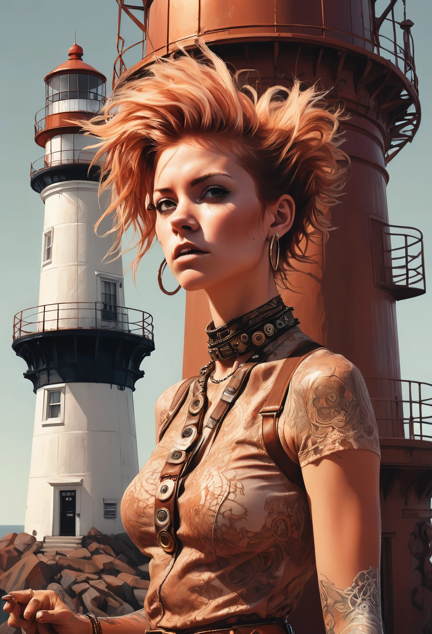 oil, Unity Engine, Awards, Aerial shot of elegant punks (woman:1.2) Music composition, The girl is complicated, wearing [Lace top|1970s Disco Fashion], Her hair is rust-colored, [Tribal:infinite:17] belt, From inside the lighthouse, rough sketch, Surrealist art, Single Color Copper Filter, Sloppy brushwork, Mandala, Skin pores, (By Dan Mumford:1.1), Shocked facial expression