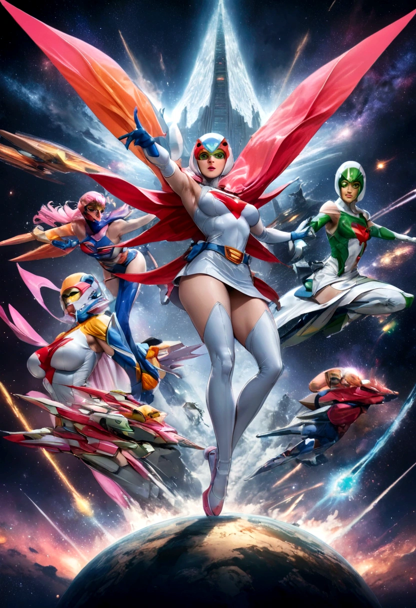 Gatchaman, (Masked superheroes), Iconic heroes, The Guardians of Earth, Science Ninja Team, (Stunning superheroes), (Vibrant colors), Space-themed costumes, Sleek gauntlets and helmets, Silver and blue agile figures, (Incredible detail), (Capital city backdrop), Defending humanity with courage, Spectacular pose, Iconic "KEN", "Joe", "Jun", "Kenichi", and "Jinpei", Patrolling the skies, Ready to battle the evil Galactor, Stunning visual treat, (Colorful animation), Formations of spark, breasts, giga_busty, Hi3JTS, full body shot from side