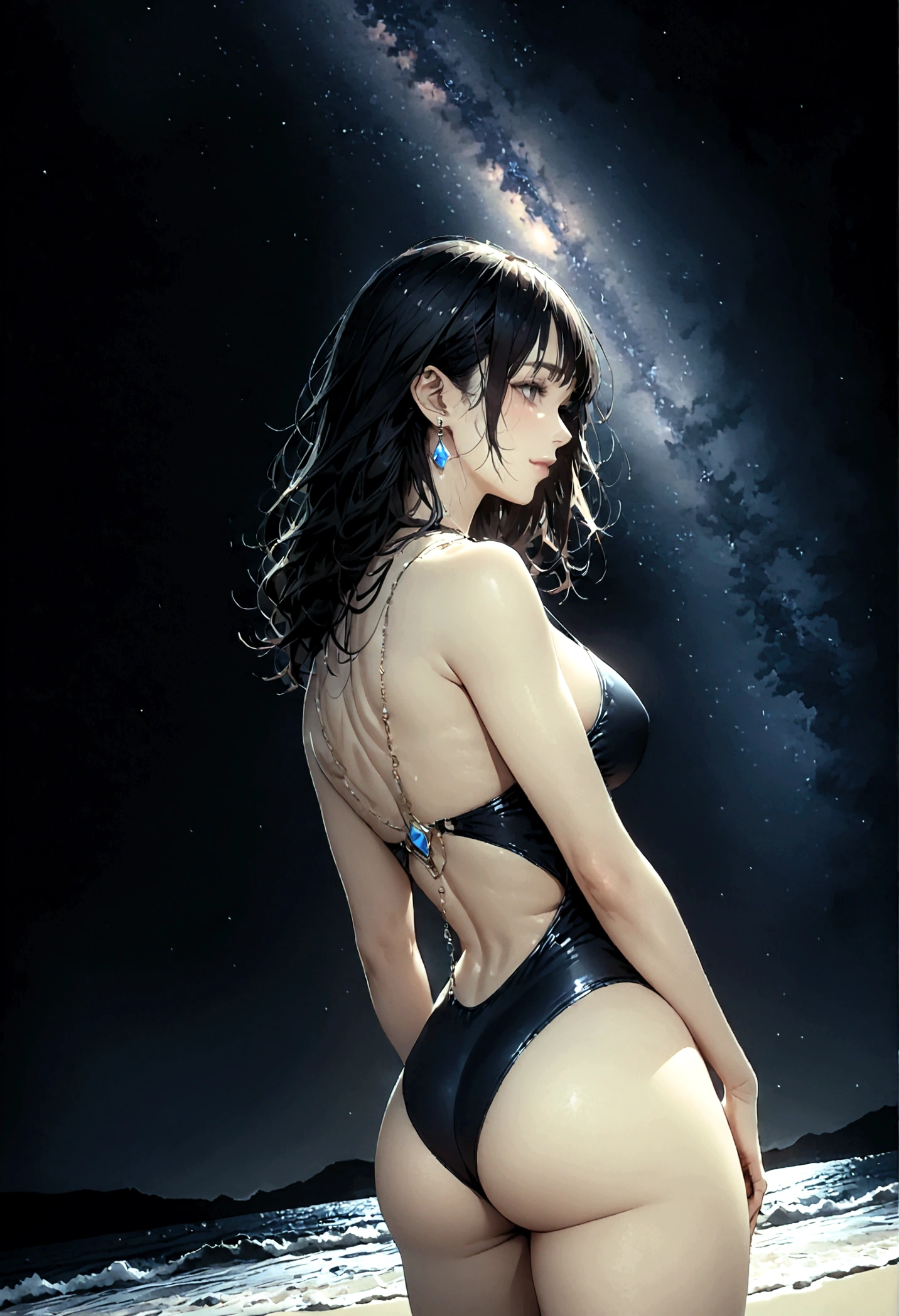 8k, masterpiece, RAW Photos, highest quality, Realistic, Very detailed, Depth of written boundary, Cinematic Light, Anatomically correct body,
One beautiful 40 year old woman, Very beautiful face, Exquisitely detailed face, (A calm and gentle face:1.4), Very delicate skin texture, Transparent muscle, Shiny white skin, Glamorous Body,
(Wavy black long hair:1.2), Sexy Breasts, Sexy ass,
(Hentai Swimsuit:1.4), (Detailed cloth texture:1.2), (Gorgeous jewel-studded body chain accessories:1.3), (Gorgeous necklace:1.1), (Gorgeous earrings:1.1),
(Dark starry background:1.4), (Milky Way:1.1), (milky way:1.1), (shooting star:1.1), (Dark coastline at night:1.4), (Pitch black sea surface:1.4),
(Standing on the beach:1.2),
(Low angle shot:1.5),