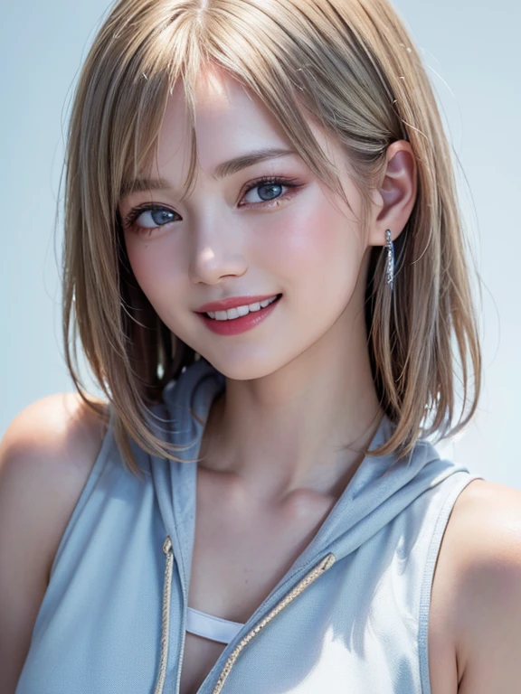 (highest quality、8k、32k、masterpiece)、(RAW Photos)、(Realistic)、(High resolution)、Very detailedな、Very beautiful face and eyes、One Girl、Round and small face、Delicate body、(close、highest quality、Rich skin detail、highest quality、8k)、Very detailed、(Realistic、Realistic:1.37)、Vibrant colors、(((Laughter)))、(((Silver Hair)))、(((Touch your chest with your right hand)))、(((smile)))、(((Bust Shot)))、(((White Background)))、((Medium Hair))、(((White wall background)))、(((blonde)))、(((She is wearing a sleeveless hoodie with a pop design..)))、(((Brown and light blue sleeveless hoodie)))、(((White wall background)))、