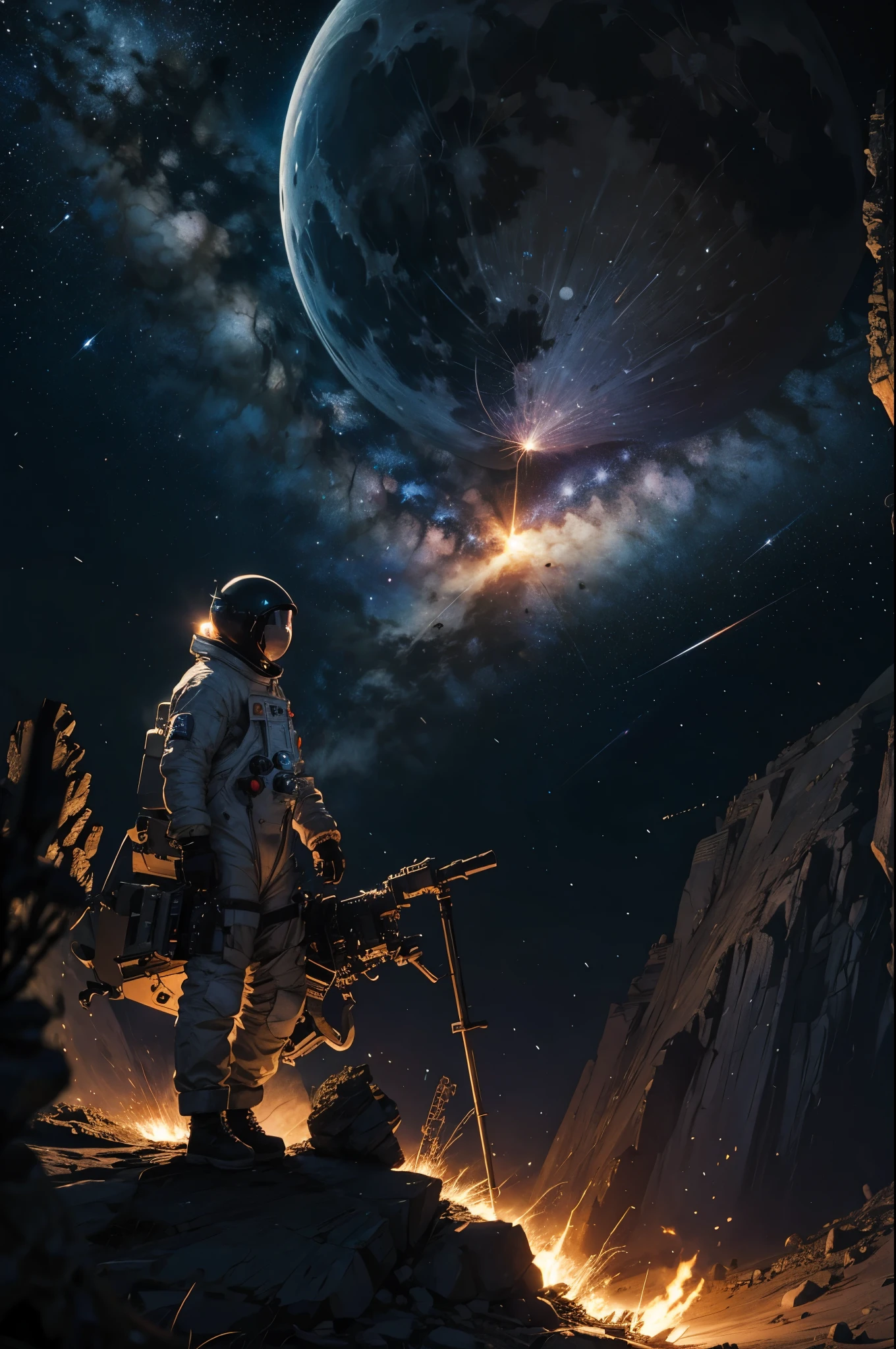 Astronaut at worlds end,agony,despair,detailed,space,moon,falling star,meteor,fire