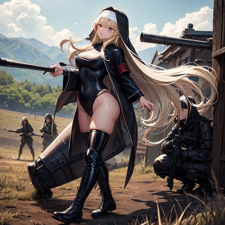 The background is a wilderness battlefield.、Nun in a black high-cut swimsuit、Blonde long hair、Black short boots、Enemy Soldiers'The gun is pointed at the girl.、A girl who looks at the viewer with an innocent smile, unaware of anything、The girl is killed、The girl stands proudly with her chest held high、alone