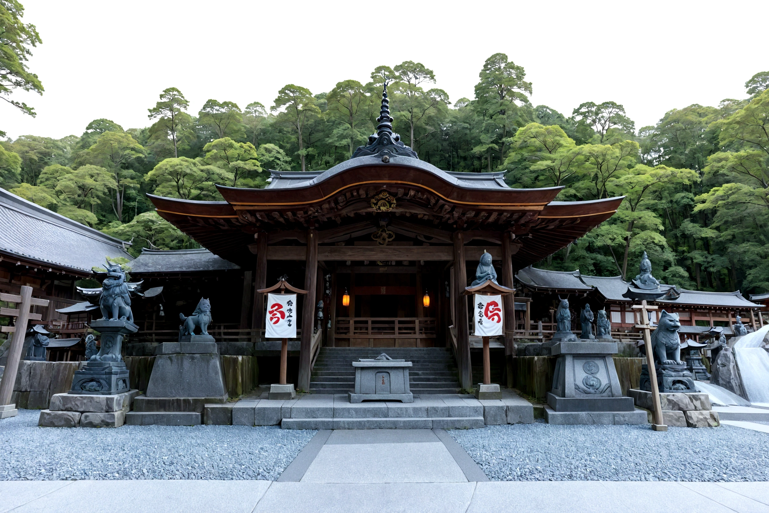 there is a small shrine with a lot of statues in front of it, japanese shrine, shinto shrine, japanese Temple, japanese Temples, shrine, Ancient Japanese architecture, near a japanese shrine, Temple, a Temple, japanese shrine waterfall, shrines, Works inspired by Gusukukuma Seiho, inari shrine, mythical shrine