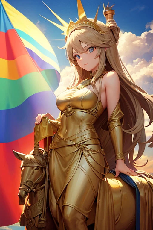 The Statue of Liberty holds a pride flag. A woman with short, shoulder-length hair sits on a gold horse to the right of the statue. and a woman with long hair stood holding a bag of money on the left side.