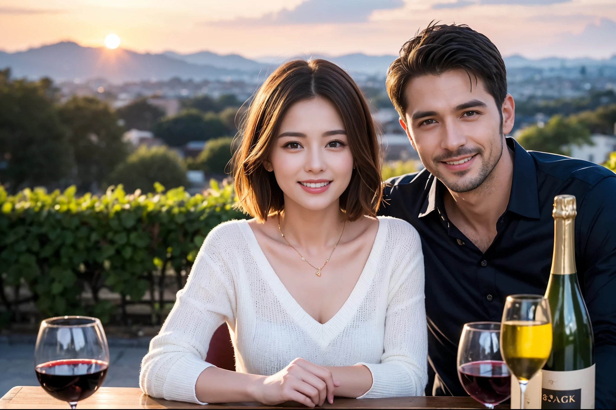 ((highest quality、8k、masterpiece:1.3))、 (Realistic, Real、Bright image、Intricate details:1.2), Best smile 1 man 1 woman、Beautiful couple、lover、couple、spouse、Beautiful couple、Happy smile、full-course dinner、 (Slim face), (Slim Body), (Brown Hair), (Short Hair), テーブルの上のwine glass、Please put light on my face、 Amazing view of the sunset sky and clouds、 (Age 44), 41 years old, red wine 、Appetizers、Wine bottle、sparkling wine、Long sleeve shirt、dress、White wine, red wine, wine glass, 