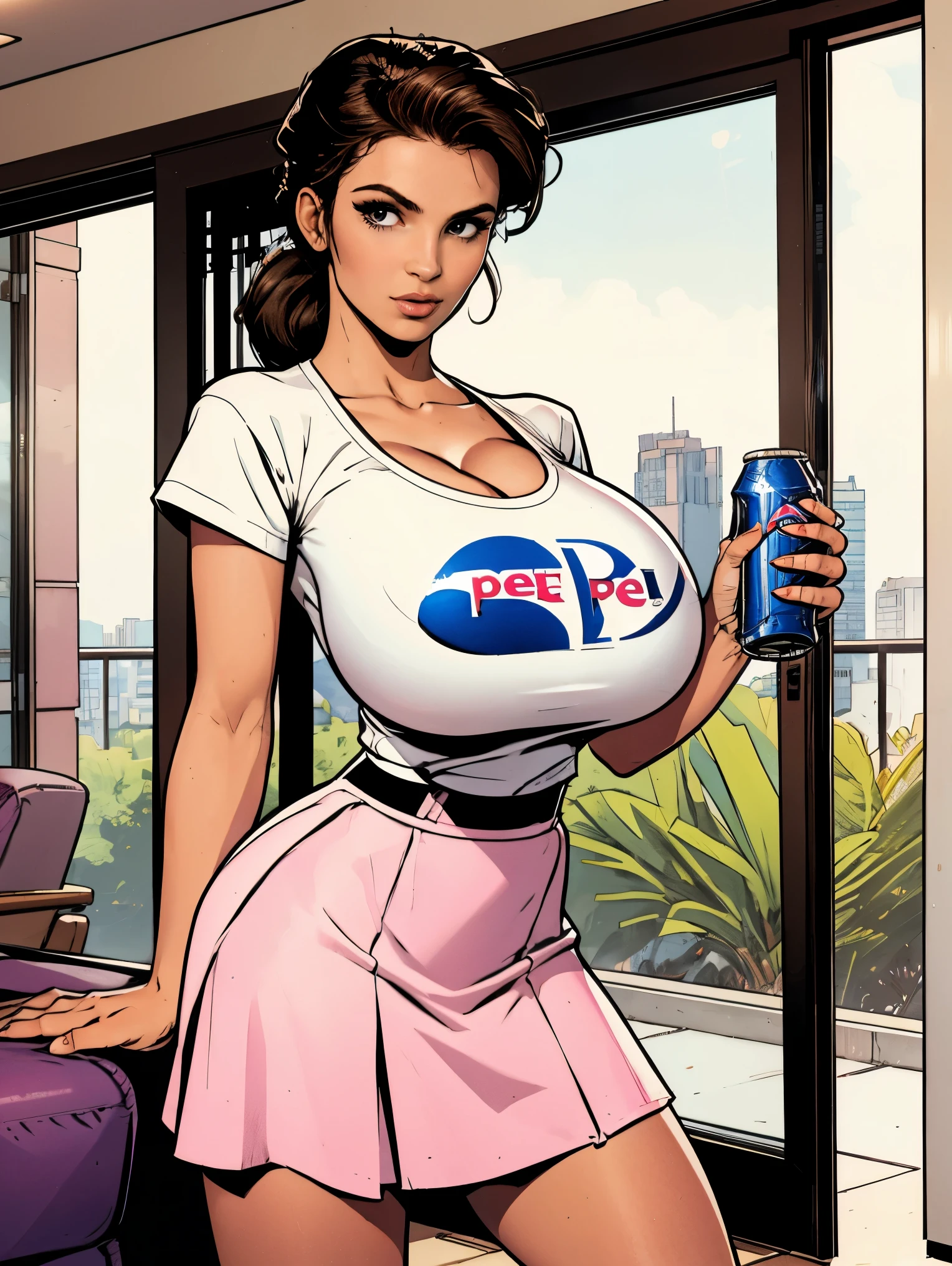 Extremely busty thin and toned brunette photographer, college girl, fair skin, loose updo, soft face, athletic, white top, pink skirt. standing by a sliding glass door, living room, windows ((Pepsi can))