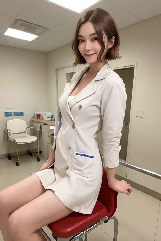 (Browsing Caution:0.9), 1 girl,nurse，Beautiful 25 year old woman，alone, Hospital corridor，The best smile, Small breasts, white trench coat nurse uniform，Open clothes, Slim figure，naked，Flashy makeup using red eyeshadow，Brown short cut with side waves，Sitting on a chair in a hospital examination room，
information
