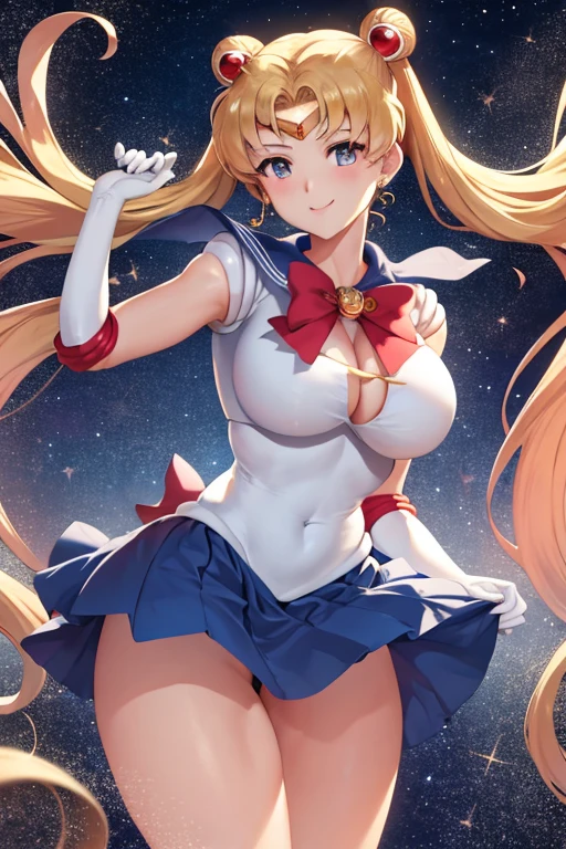 masterpiece, high definition, best quality, rendered art, well formed hands, fingers and body, 1 woman, solo, sailor moon , adult, grown up, twin tails, blonde, big breasted, cleavage, full body, , sexy sailor senshi uniform, short blue skirt, red boots, gorgeous hips, legs and thighs, blond, white elbow gloves, sailor collar, tiara, earrings, dancing seductively and erotically, shaking her body, showing her back and front, wind lifting skirt, smiling joyfully and brightly, looking at the viewer, flirting, beach environment 
