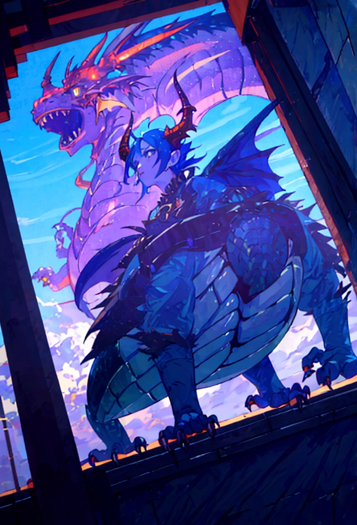 1 female, alone, short blue hair, ((half human and half dragon)), 30 years old, horns coming out of her neck, scary look, breath of fire character; Hybrid character of Human and dragon, full body; ((best angle)); ((better details)); human form