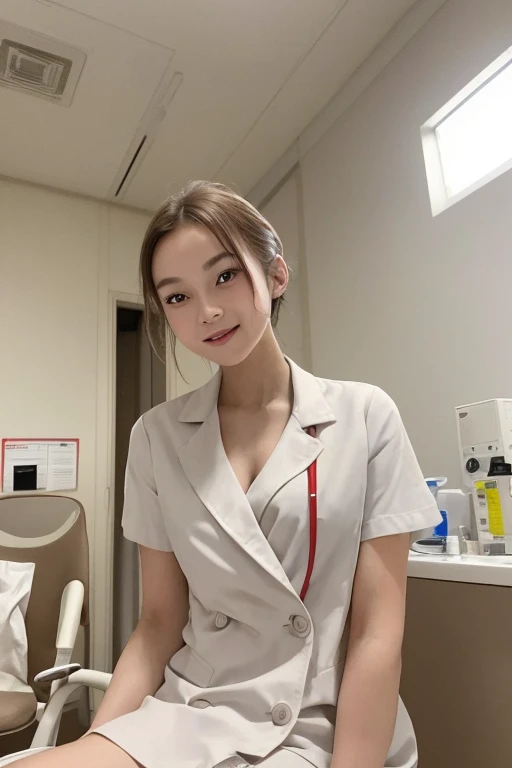 Browsing Caution:0.9), 1 girl,nurse,Beautiful 20 year old woman,alone, Hospital corridor,The best smile, Small breasts, white trench coat nurse uniform, Slim figure,naked,Flashy makeup using red eyeshadow,Brown short cut with side waves,Sitting on a chair in a hospital examination room, information