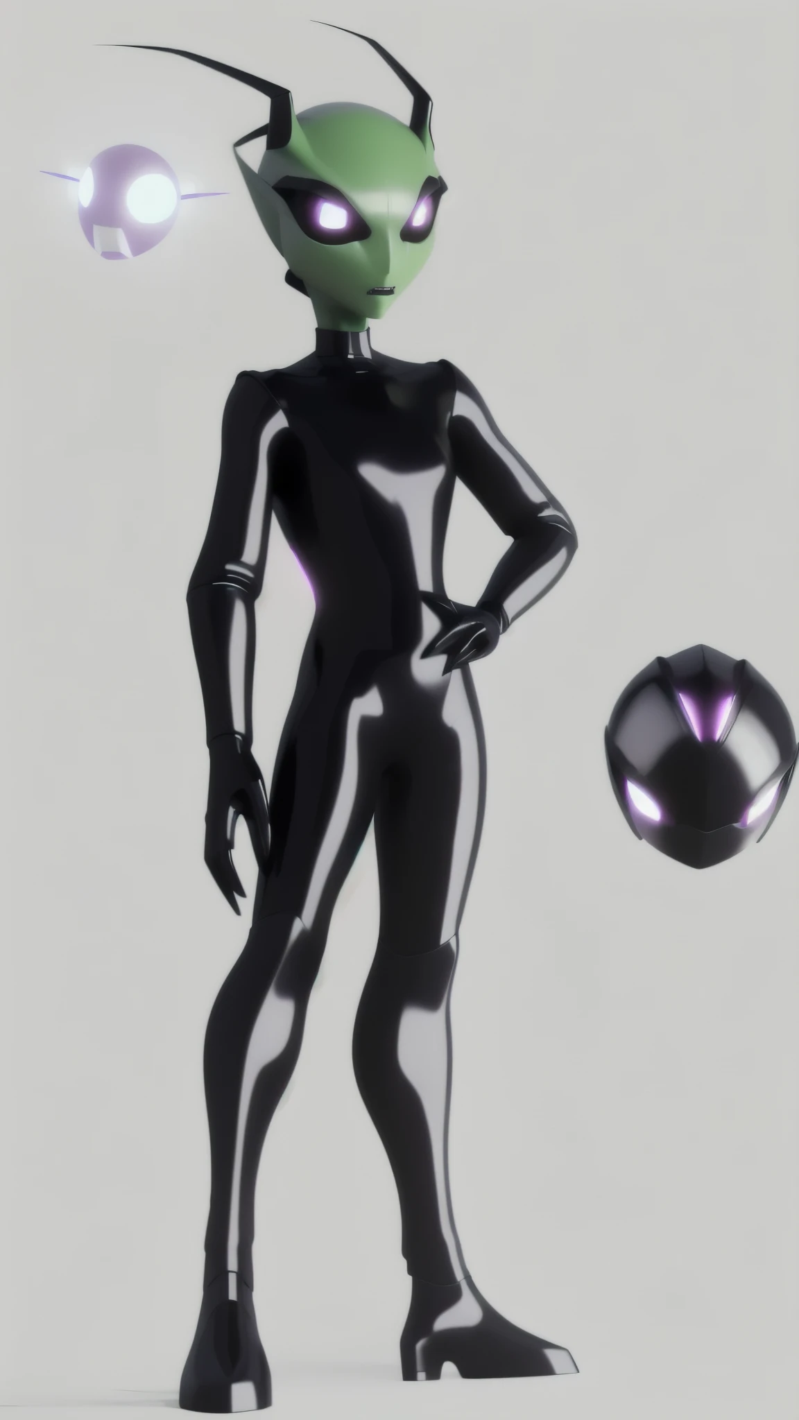 a close up of an Irken from Invader Zim, humanoid form, glossy black latex suit, Invader Zim artstyle, highly detailed, intricate details, dramatic lighting, cinematic composition, striking pose, intense expression, hyper realistic, 8k, photo realistic, professional 3d render