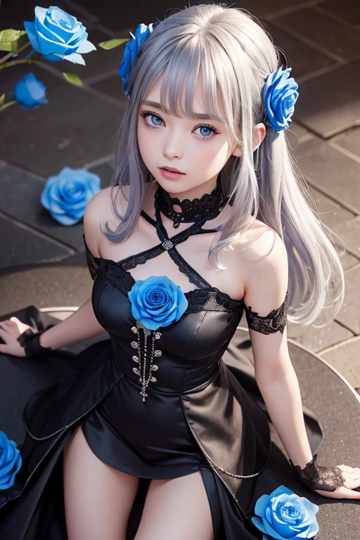 (highest quality, Tabletop), (One Girl, alone, Black Dress, Are standing , Show Viewer, Gray Hair, blue eyes,  Mouth closed, ),((Blue rose)),   One Woman、20-year-old woman、Flat body、Slime、cute、Primary school students&#39;Face、 (Background Blur)、(Shine:1.3)、(Blue geometric background:1.3)、(head shot)、Red Rose、Red flower